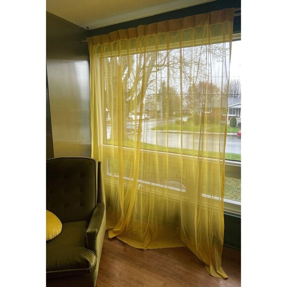 Vintage 70s curtain, golden yellow, embroidered bottom, oversized pleated panel - Picture 1 of 10
